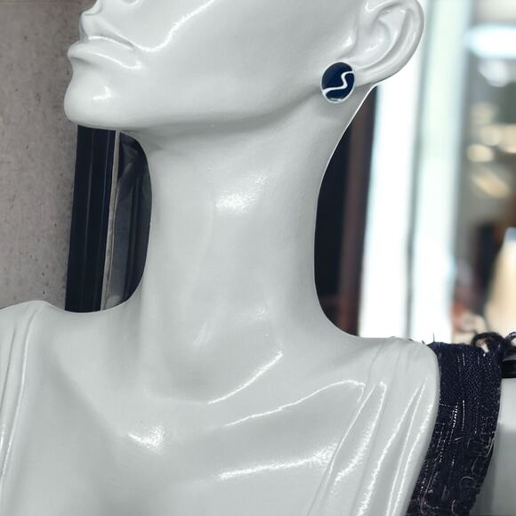 Vintage Oval Enamel Stud Earrings in Blue and White - Picture 1 of 9